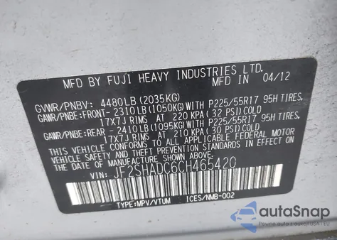 2012 Subaru Forester 2.5X Premium z USA, uszkodzony, nr VIN JF2SHADC6CH465420